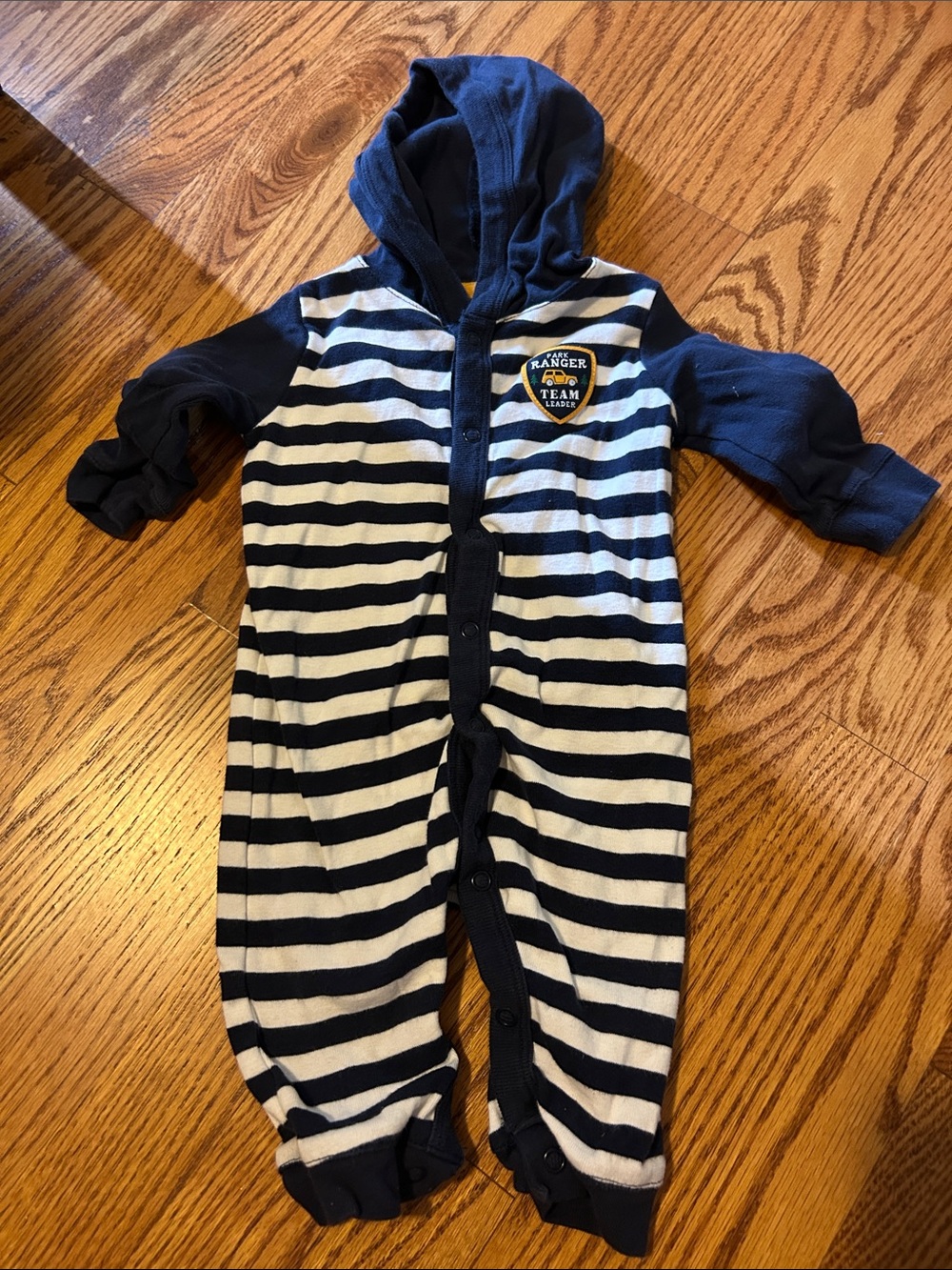 Carter's Navy & White Striped Hooded One-Piece Footie